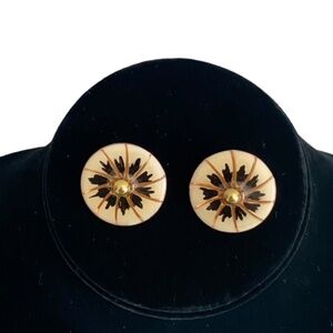 Vintage Enamel Ivory & Black Star Round Clip On Earrings